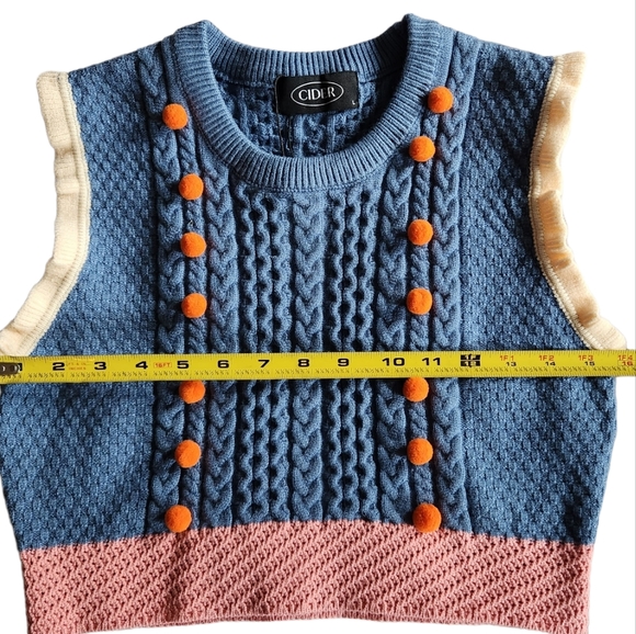 Cider Crop Sweater Vest Ruffle Pom Pom Cable Knit BOHO Blue Pink Orange LG NWT - Picture 13 of 14